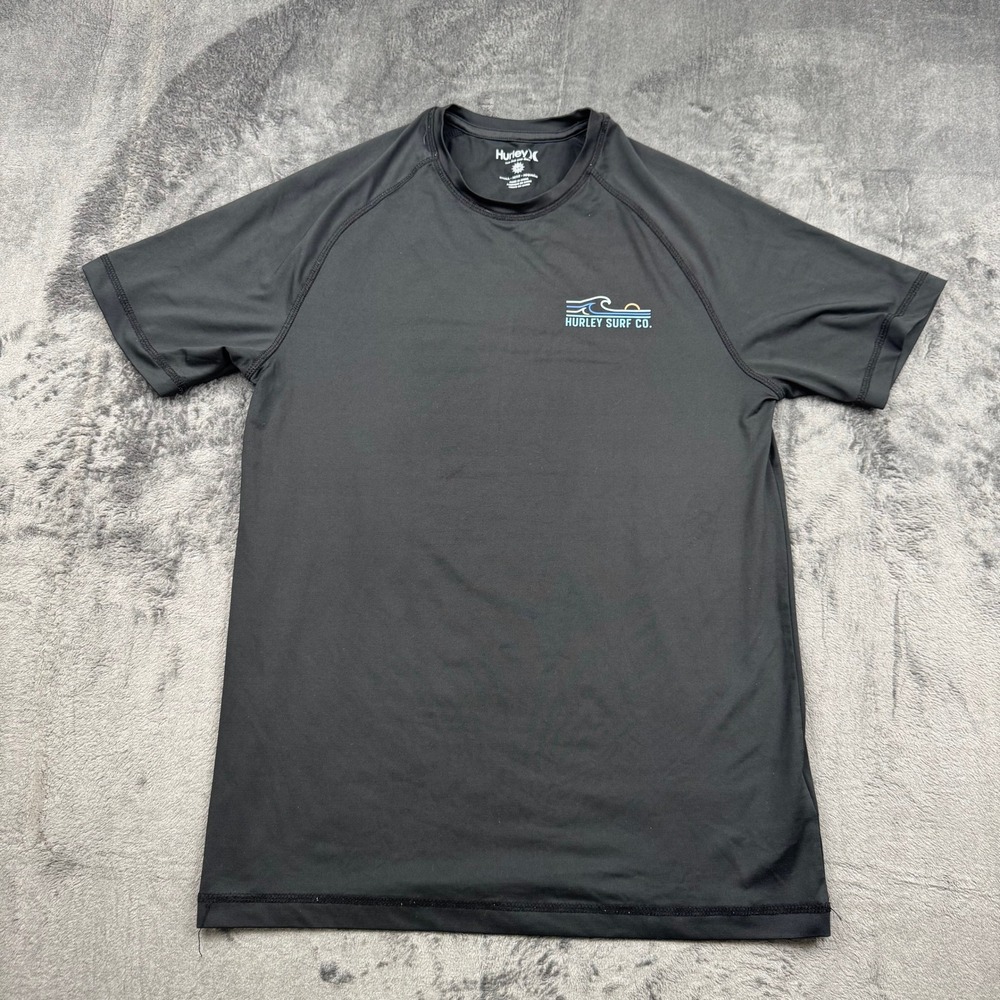 Hurley Surf Co Mens Small Black Short Sleeve Rash Guard Swim Shirt Graphic Logo